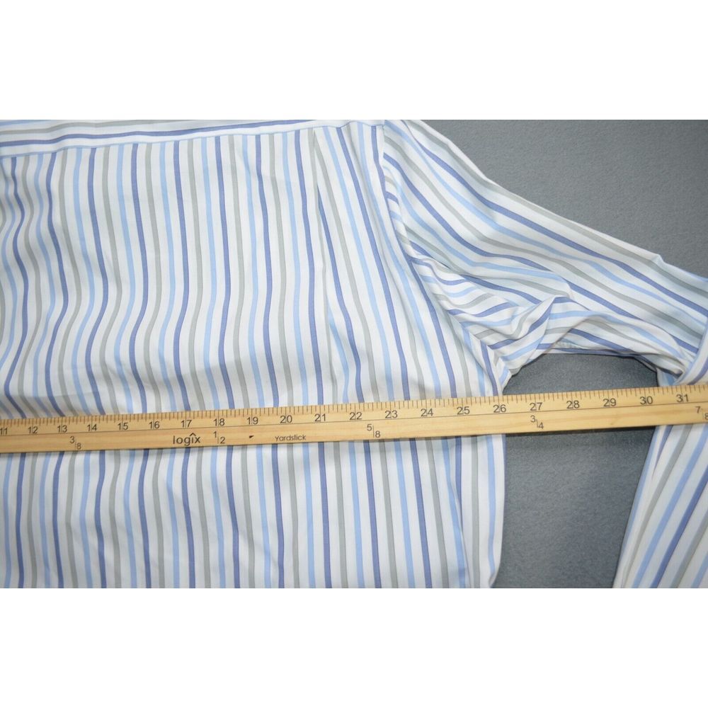 Kiton Men's Button-Down Dress Shirt in White with Blue and Yellow Stripes - Picture 7 of 11